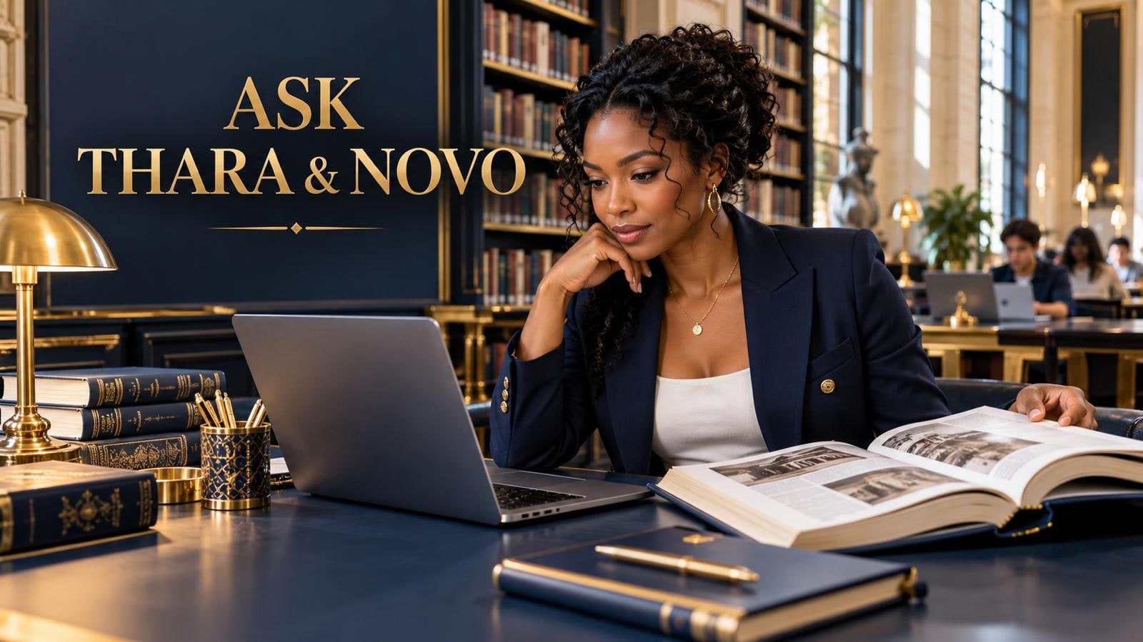 A reader in a grand library asking a question of the THARA and NOVO AI assistants on her laptop, an open book beside her.
