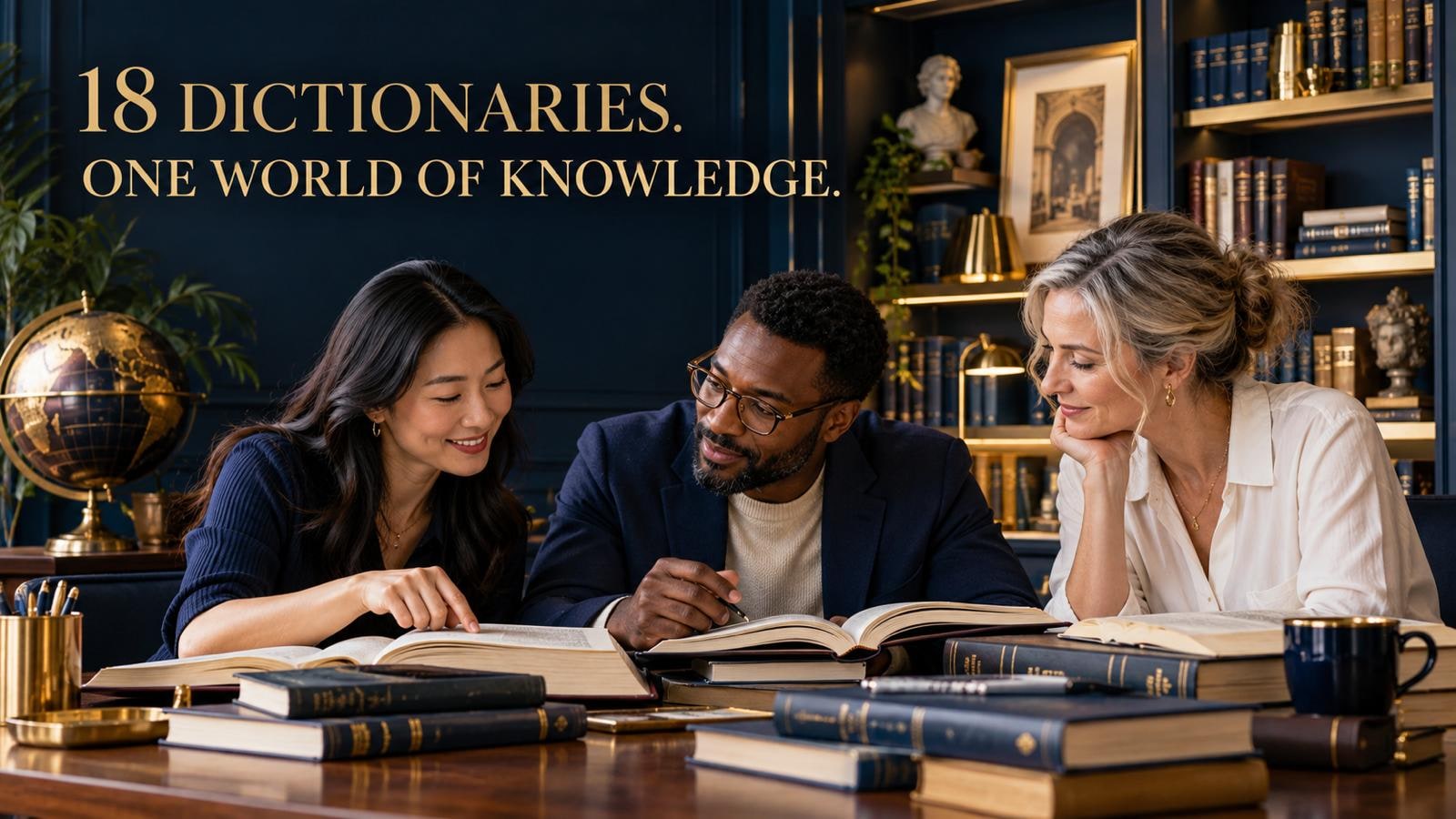 Readers of different ages and backgrounds studying together around a library table stacked with Socratopia dictionaries.