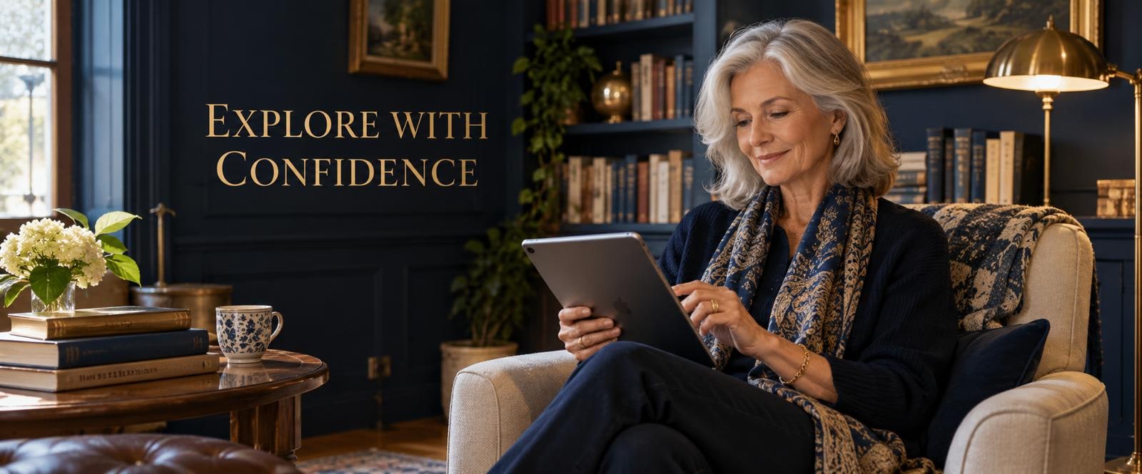 A lifelong learner reading comfortably in an armchair with a tablet in a warm, book-lined room.